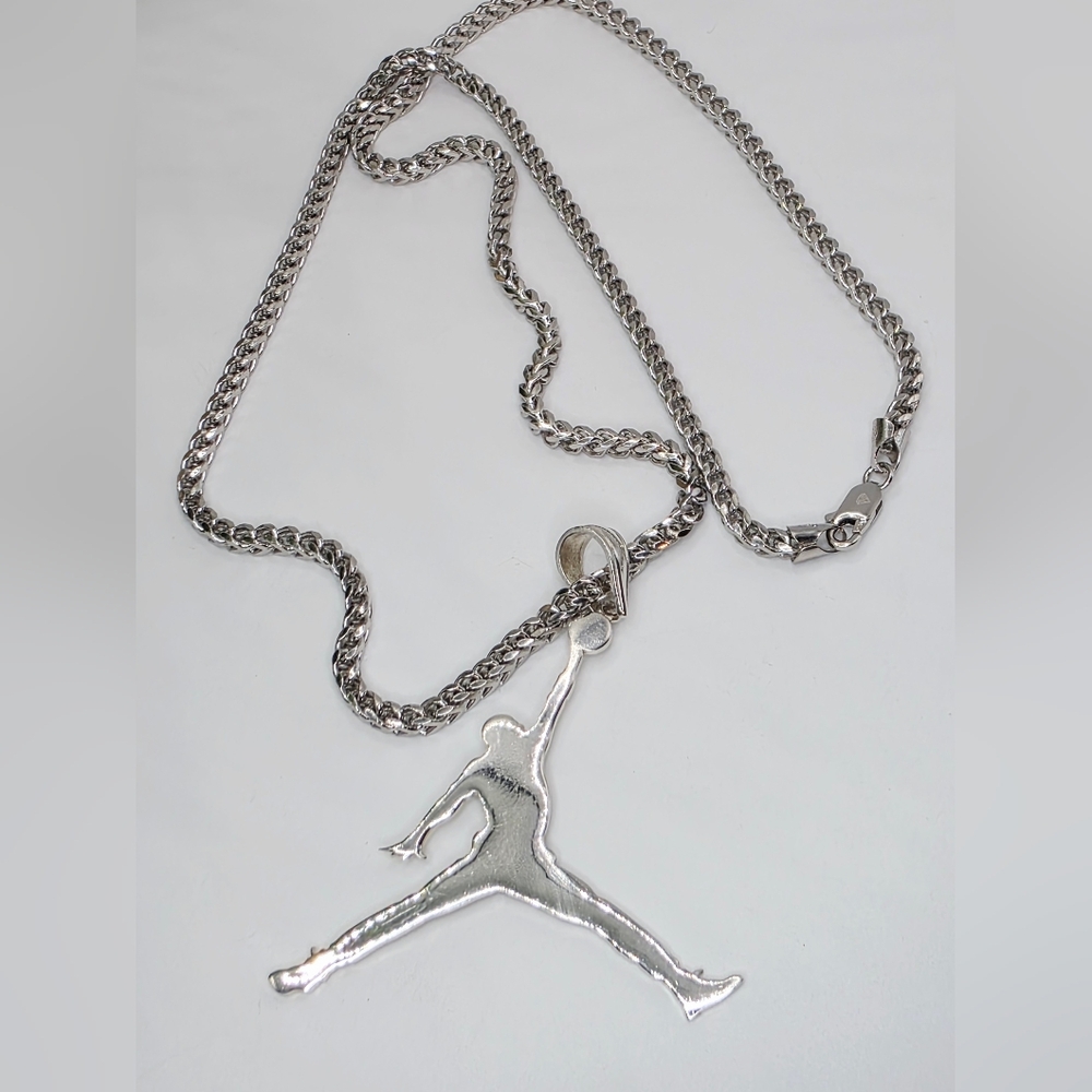 🔥 Solid Italian S925 Silver Jordan Pendant  – 24” Diamond Cut Franco , 35g TW